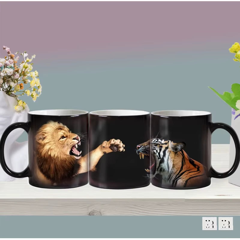 "WildHeat Magic Mug – Color-Changing Lion & Tiger Cup"